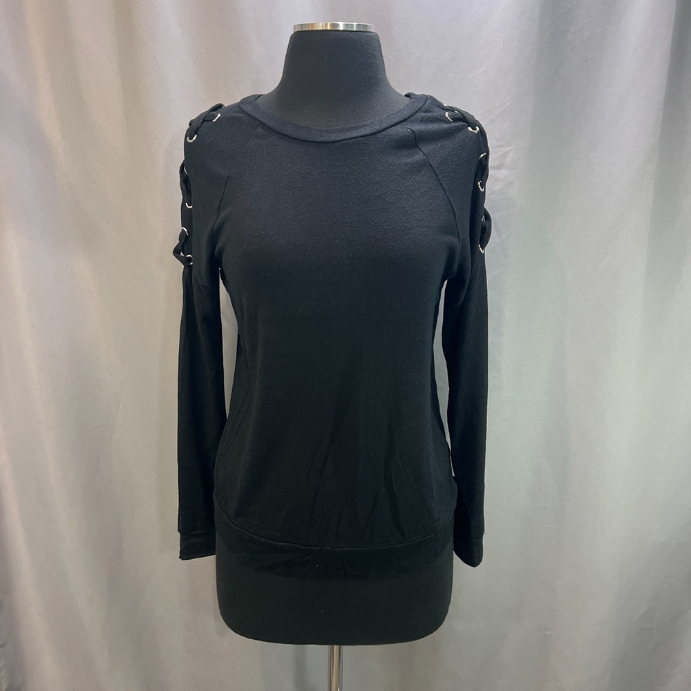 Just Be Blouse Womens S Black Rayon Stretch Lace Up Eyelet Detailing Crew Neck